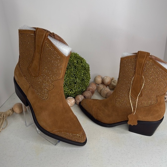 POELMAN Camel Suede Embellished Western Booties Sz Euro/38-7.5 - Picture 3 of 14